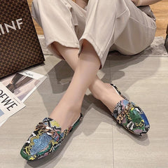 Women's Crocodile Print Chain Mules Square Toe Slipper Shoes
