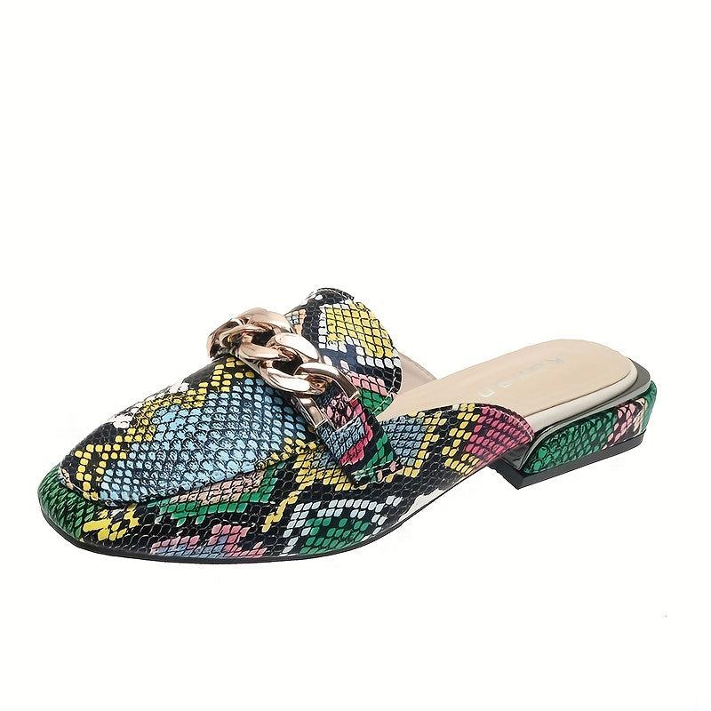 Women's Crocodile Print Chain Mules Square Toe Slipper Shoes