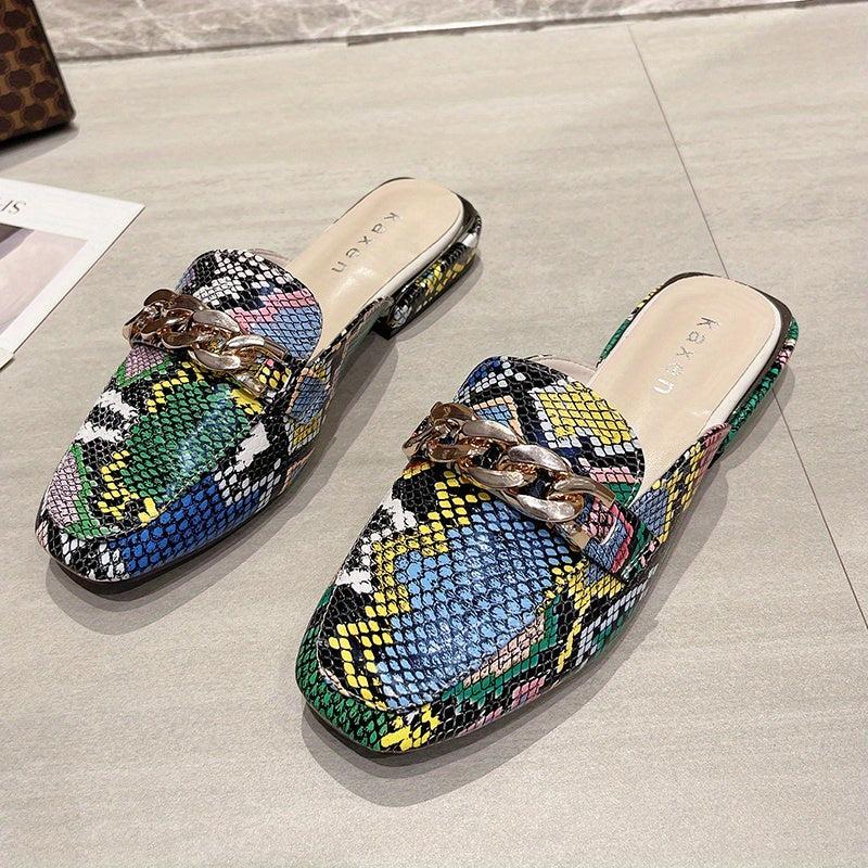 Women's Crocodile Print Chain Mules Square Toe Slipper Shoes