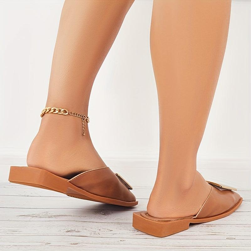 Women's Square Toe Flat Mules Square Metal Decor Closed Toe Slide Shoes