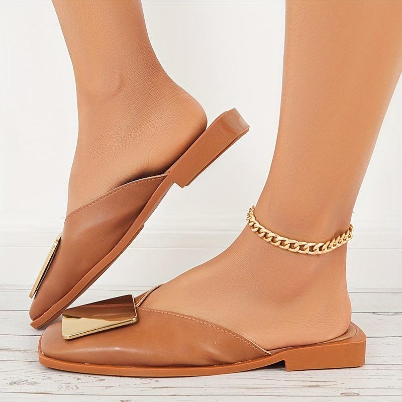 Women's Square Toe Flat Mules Square Metal Decor Closed Toe Slide Shoes
