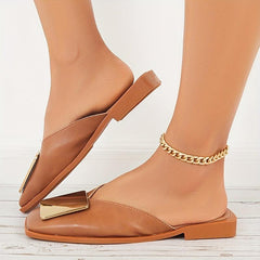 Women's Square Toe Flat Mules Square Metal Decor Closed Toe Slide Shoes