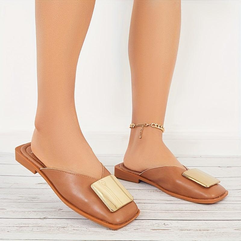 Women's Square Toe Flat Mules Square Metal Decor Closed Toe Slide Shoes