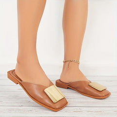 Women's Square Toe Flat Mules Square Metal Decor Closed Toe Slide Shoes