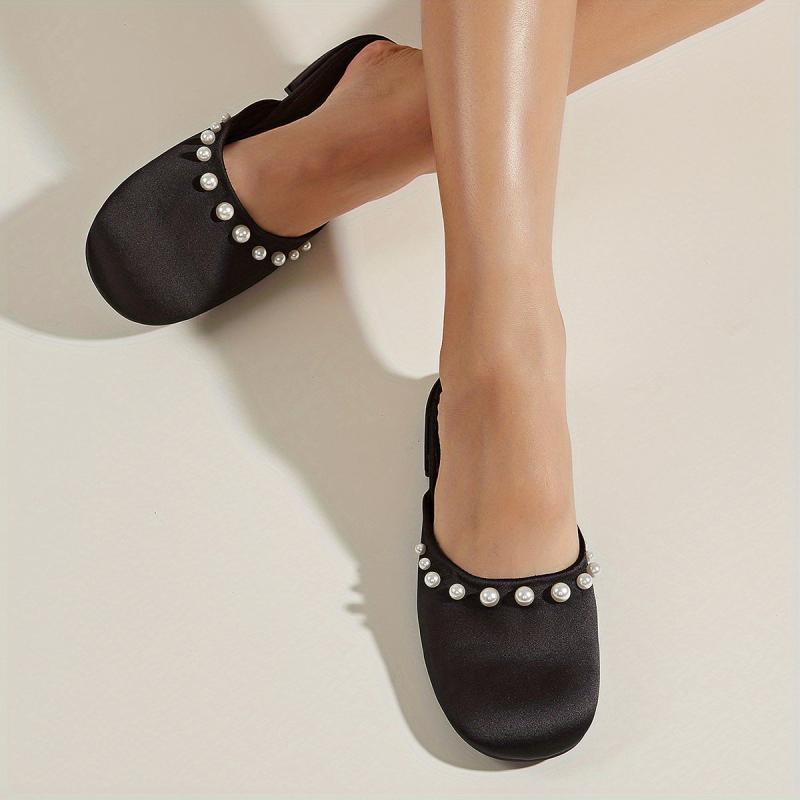 Pearl Decor Satin Mules Closed Toe Backless Loafers