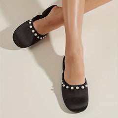 Pearl Decor Satin Mules Closed Toe Backless Loafers