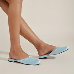 Pearl Decor Satin Mules Closed Toe Backless Loafers