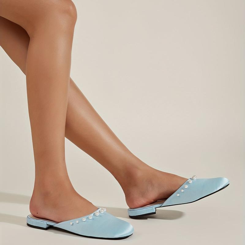Pearl Decor Satin Mules Closed Toe Backless Loafers
