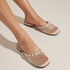 Pearl Decor Satin Mules Closed Toe Backless Loafers