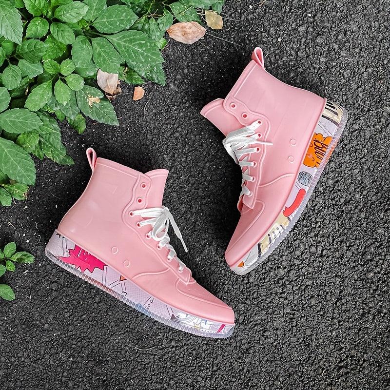 Pink Waterproof Lace-Up Platform Rain Boots for Women