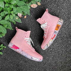 Pink Waterproof Lace-Up Platform Rain Boots for Women