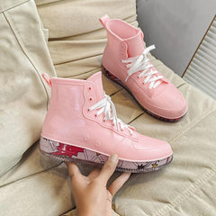 Pink Waterproof Lace-Up Platform Rain Boots for Women