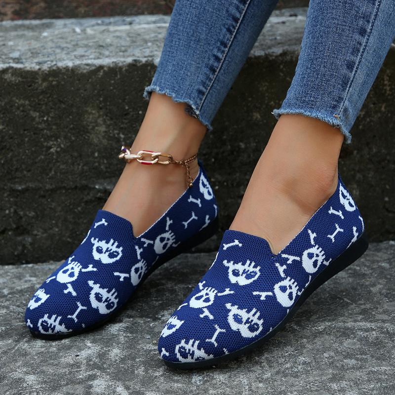 Women's Skull Print Flat Shoes Breathable Flying Woven Slip On Shoes