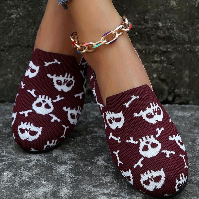 Women's Skull Print Flat Shoes Breathable Flying Woven Slip On Shoes