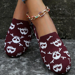 Women's Skull Print Flat Shoes Breathable Flying Woven Slip On Shoes