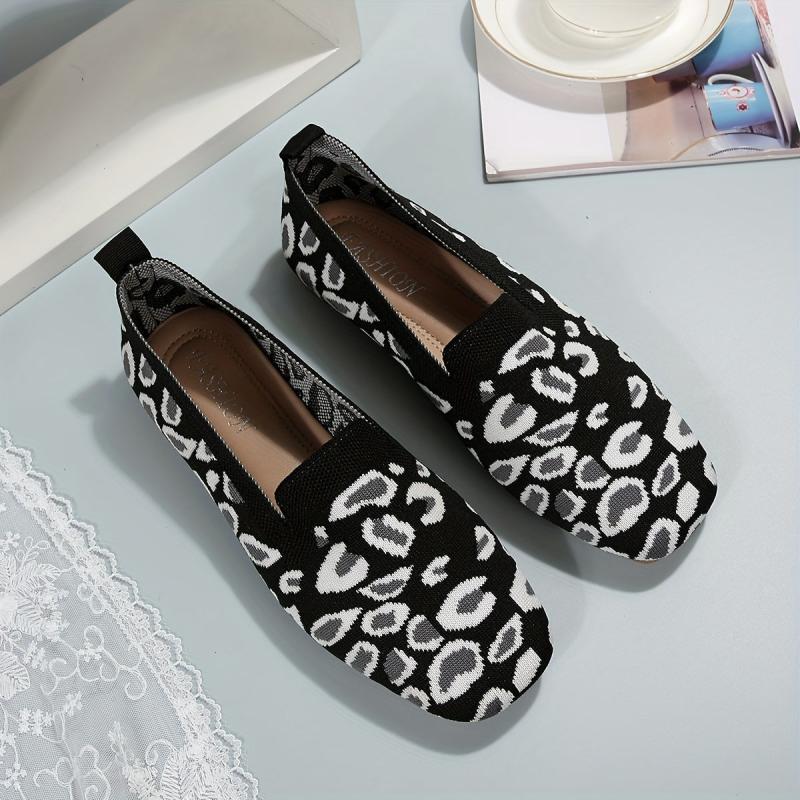 Leopard Print Flat Breathable Knit Shoes Lightweight Work Shoes