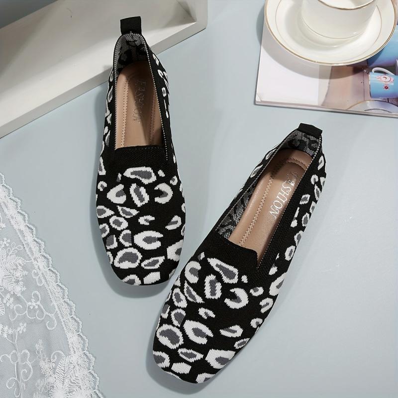 Leopard Print Flat Breathable Knit Shoes Lightweight Work Shoes