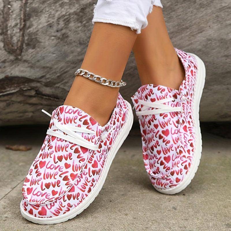 Women's Heart & Letter Printed Lace Up Flat Shoes