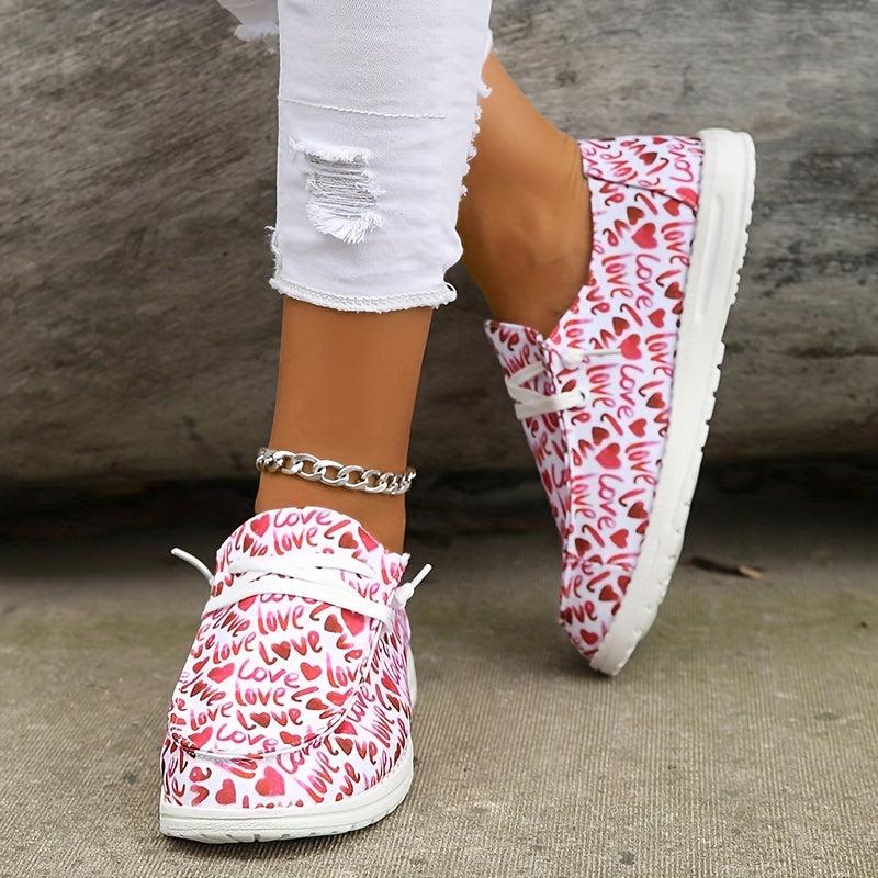 Women's Heart & Letter Printed Lace Up Flat Shoes