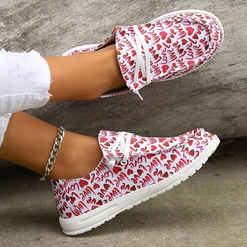 Women's Heart & Letter Printed Lace Up Flat Shoes