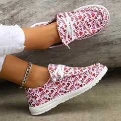 Women's Heart & Letter Printed Lace Up Flat Shoes