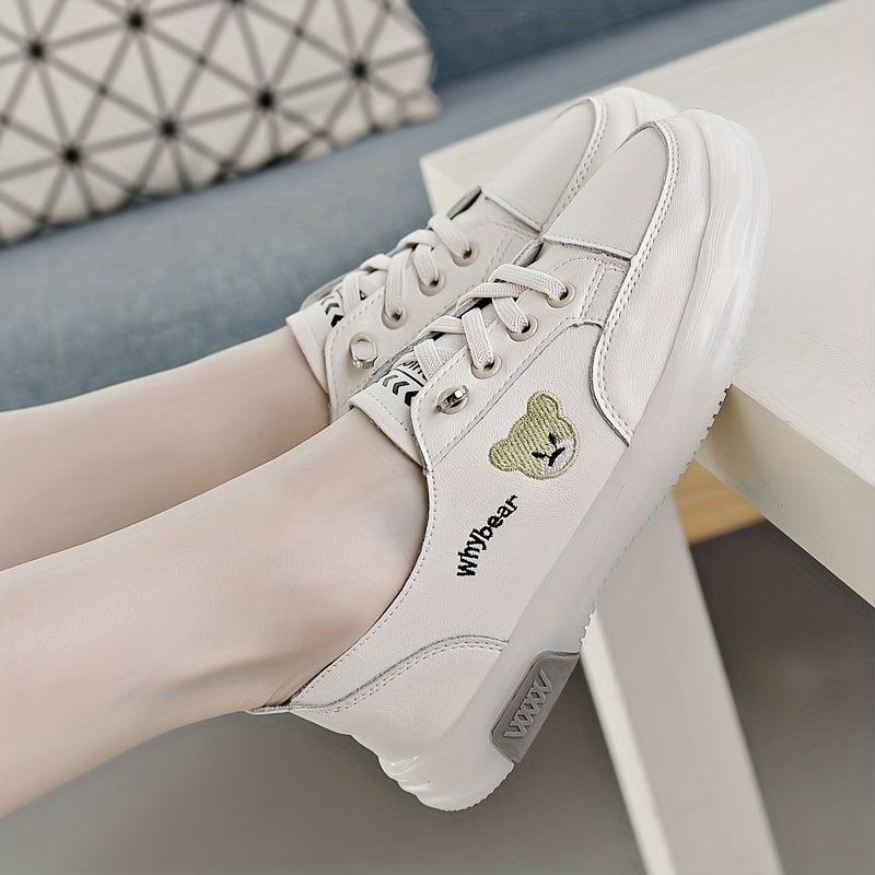 Women's Bear Pattern Flat Sneakers Lace Up Low Top Shoes