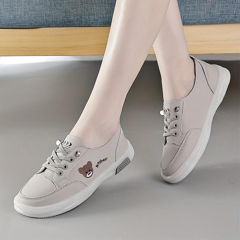 Women's Bear Pattern Flat Sneakers Lace Up Low Top Shoes