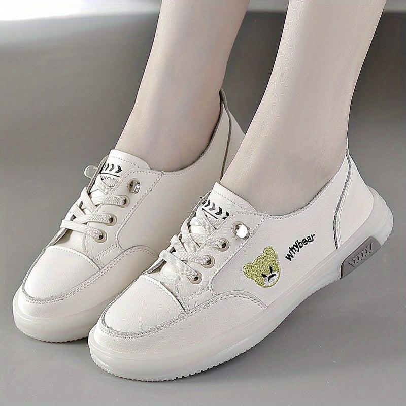 Women's Bear Pattern Flat Sneakers Lace Up Low Top Shoes