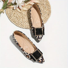 Leopard Print Flat Shoes Point Toe Dress Shoes Lightweight Square Buckle Decor