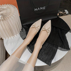 Women's Pointed Toe Flat Shoes Pearl Bow Slip On Office Work Ballet Flats