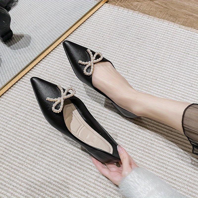 Women's Pointed Toe Flat Shoes Pearl Bow Slip On Office Work Ballet Flats