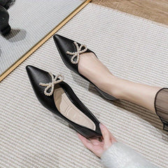 Women's Pointed Toe Flat Shoes Pearl Bow Slip On Office Work Ballet Flats