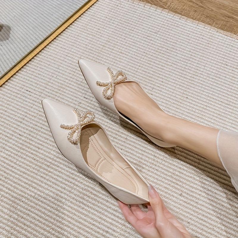 Women's Pointed Toe Flat Shoes Pearl Bow Slip On Office Work Ballet Flats