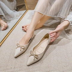 Women's Pointed Toe Flat Shoes Pearl Bow Slip On Office Work Ballet Flats