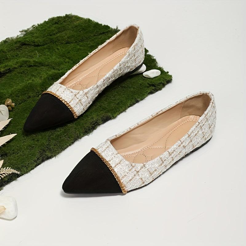 Plaid Pattern Slip On Flat Shoes Chain Detail Lightweight Pointed Toe