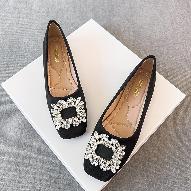 Women's Rhinestone Decor Flat Shoes Slip On Soft Sole Square Toe Shoes