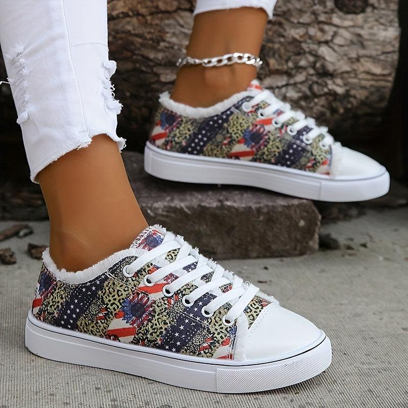 Women's Stars & Striped Print Low Round Toe Lace Up Flat Non slip Shoes