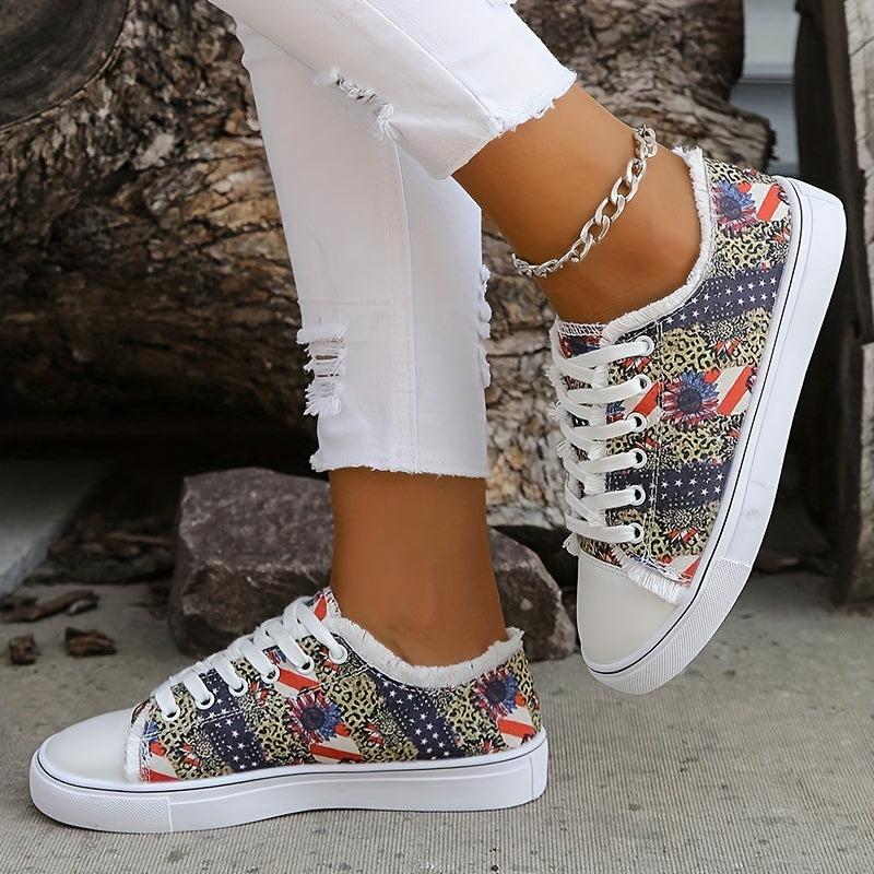 Women's Stars & Striped Print Low Round Toe Lace Up Flat Non slip Shoes