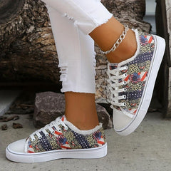 Women's Stars & Striped Print Low Round Toe Lace Up Flat Non slip Shoes