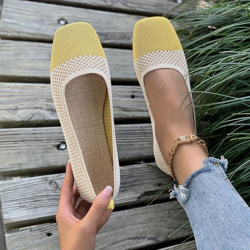 Women's Contrast Flat Shoes Knit Square Toe Lightweight Slip On Shoes