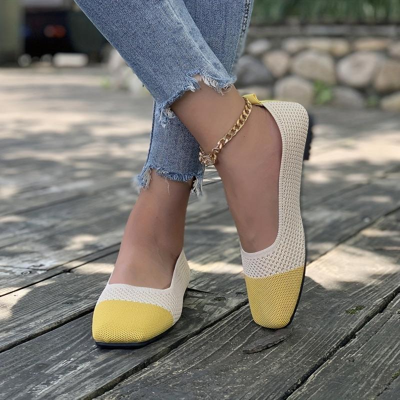 Women's Contrast Flat Shoes Knit Square Toe Lightweight Slip On Shoes