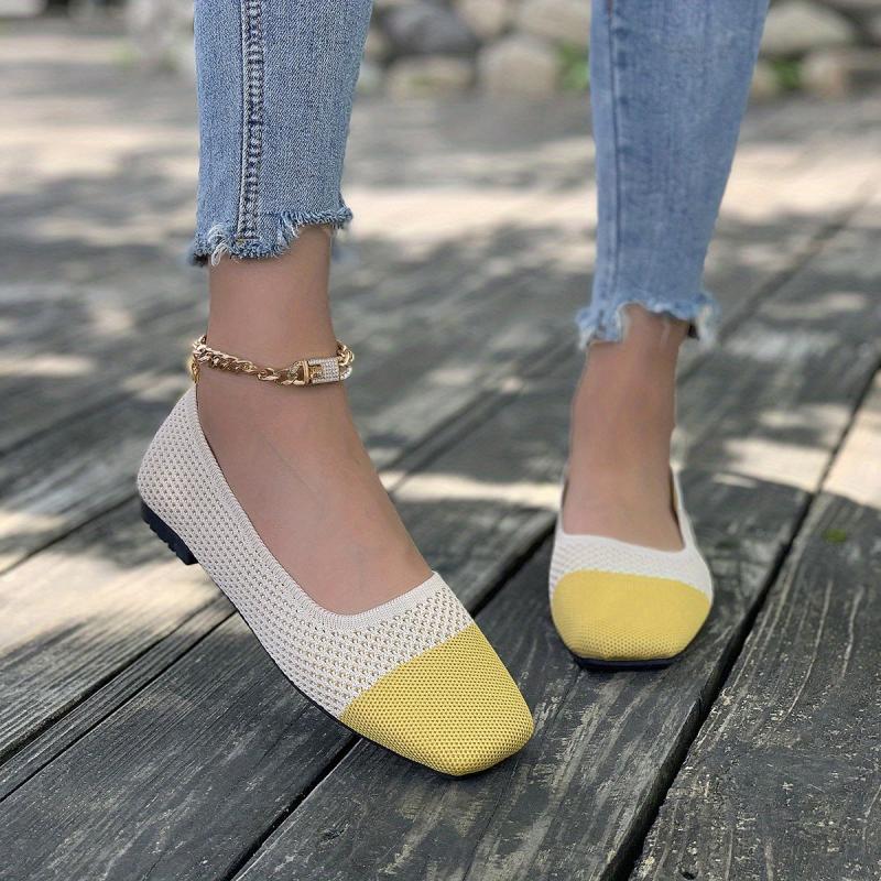Women's Contrast Flat Shoes Knit Square Toe Lightweight Slip On Shoes
