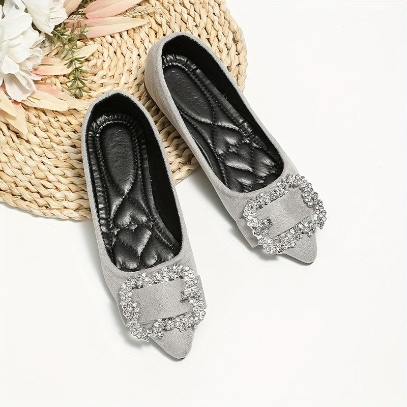 Women's Rhinestone Buckle Pointed Toe Flat Shoes Soft Sole Slip On Evening Flats