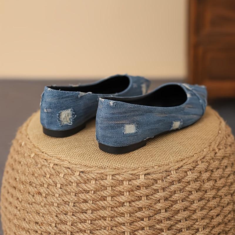Women's Ripped Denim Flat Shoes Slip On Lightweight Walking Shoes
