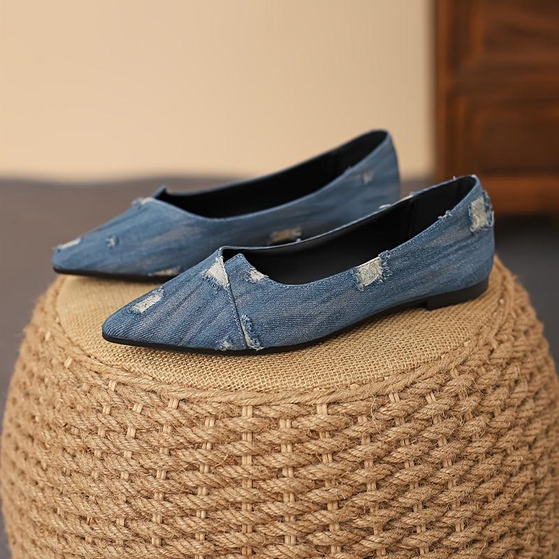 Women's Ripped Denim Flat Shoes Slip On Lightweight Walking Shoes