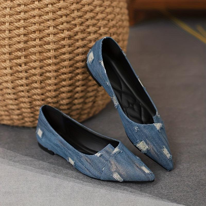 Women's Ripped Denim Flat Shoes Slip On Lightweight Walking Shoes
