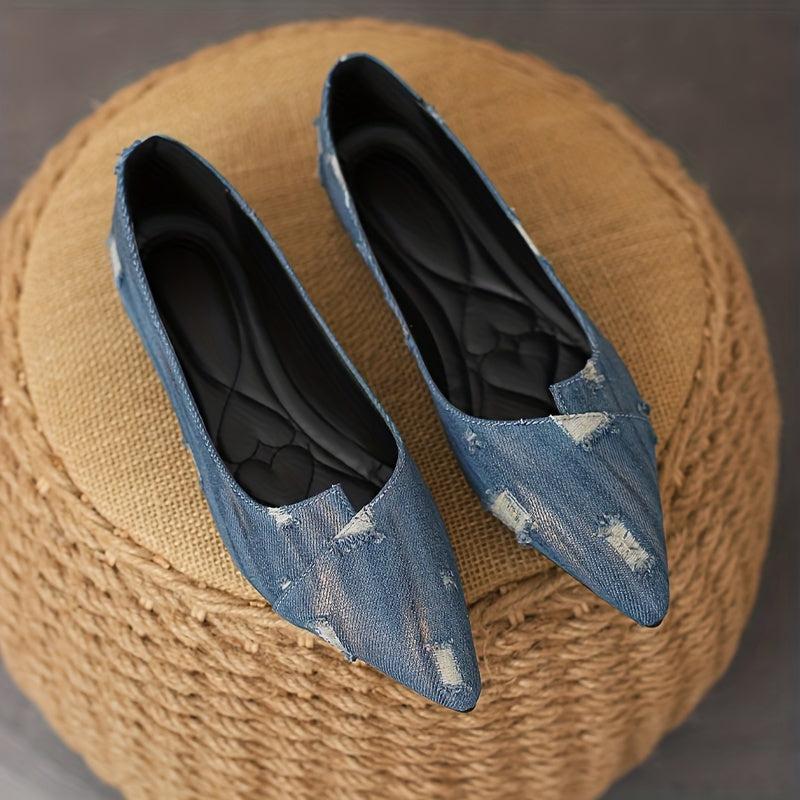 Women's Ripped Denim Flat Shoes Slip On Lightweight Walking Shoes