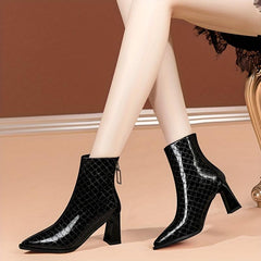 Women's Plaid Ankle Boots Chunky Heels Pointed Toe Dress Pumps