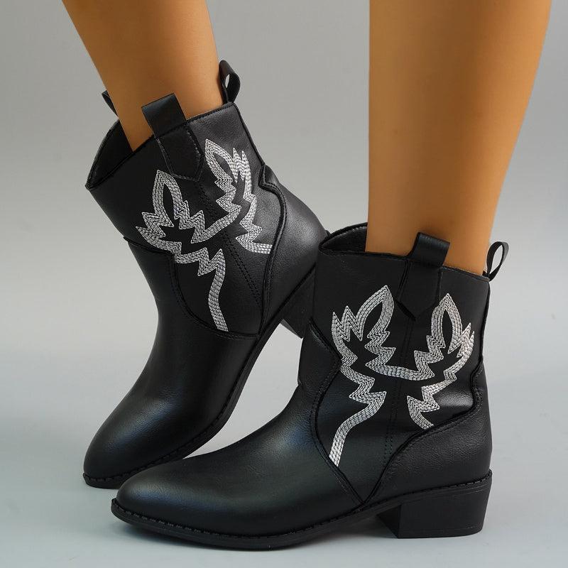 Women's Embroidered Chunky Heeled Ankle Boots