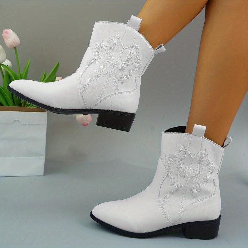Women's Embroidered Chunky Heeled Ankle Boots